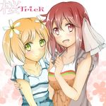  :d bad_id bad_pixiv_id blonde_hair bow casual collarbone copyright_name flower green_eyes hair_bow hair_flower hair_ornament looking_at_viewer matsurika_(j297021302) multiple_girls one-armed_hug open_mouth red_eyes red_hair sakura_trick short_twintails smile sonoda_yuu takayama_haruka twintails yuri 