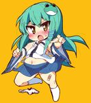  bad_id bad_pixiv_id bandaid banned_artist chibi frog_hair_ornament green_hair hair_ornament kochiya_sanae long_hair no_panties panties plump pointing pointing_at_viewer skirt touhou underwear yellow_eyes yuib3_(yuibitch) 