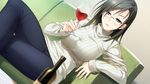  1girl alcohol asama_kyouko black_eyes black_hair blush bottle breasts cup drink drunk game_cg glasses highres kissart large_breasts legs legs_crossed long_hair looking_at_viewer marui_(koedame) mikoto_akemi sitting smile solo sweater thighs wine 