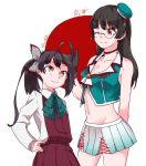  2girls achii_adachi ahoge alternate_hairstyle beret black_gloves black_hair breasts choukai_(kantai_collection) circle cleavage dress fujinami_(kantai_collection) glasses gloves hair_ribbon hat height_difference kantai_collection long_hair midriff multiple_girls one_eye_closed pleated_skirt red_eyes remodel_(kantai_collection) ribbon rimless_eyewear school_uniform shirt side_ponytail skirt sleeveless sleeveless_dress smile white_background white_shirt white_skirt yellow_eyes 