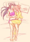  akemi_homura barefoot bed black_hair closed_eyes drooling kaname_madoka leg_between_thighs long_hair lying mahou_shoujo_madoka_magica multiple_girls navel on_back open_mouth pajamas pink_hair sketch sleeping strap_slip tama_two_(fukuya) yuri 