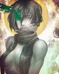  chuka crying crying_with_eyes_open mikasa_ackerman monochrome muscle naked_scarf nude paint_splatter scarf shingeki_no_kyojin short_hair solo spot_color tears 