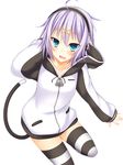  :d ahoge black_legwear blue_eyes blush borrowed_character fang hair_ornament hairband hairclip highres hood hood_down hoodie lavender_hair long_sleeves miniskirt open_mouth original skirt smile solo striped striped_legwear suterii tail thighhighs white_legwear yashiro_(lockheart) zettai_ryouiki 