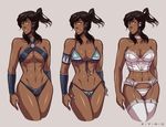  armlet avatar_(series) bare_shoulders bikini blue_eyes breasts brown_hair bustier choker cleavage collage collarbone cropped_legs dark_skin front-tie_bikini front-tie_top garter_belt hair_tubes iahfy korra large_breasts lingerie midriff multiple_views navel navel_piercing panties piercing ponytail protected_link side-tie_bikini sidelocks simple_background smile swimsuit the_legend_of_korra thighhighs toned underboob underwear vambraces white_legwear white_panties 