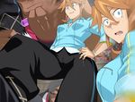  1girl audience battle blue_eyes blue_shirt brown_hair clenched_hand dark-skinned_male defeated drugs freckles from_below hair_between_eyes hand_on_hip long_hair looking_back makino_tomoyasu monsuno motion_blur multiple_boys open_mouth outdoors pants shirt smile standing track_pants uniform vicky_(monsuno) wall wristband 
