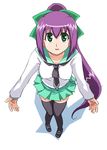  1girl :d black_legwear bow collarbone female foreshortening from_above full_body green_eyes hair_between_eyes hair_bow kage_kara_mamoru! knees_together_feet_apart kumogakure_hotaru legs light_smile long_hair looking_at_viewer looking_up makino_tomoyasu necktie open_mouth pleated_skirt ponytail purple_hair school_uniform serafuku shoes simple_background skirt smile solo standing thighhighs white_background zettai_ryouiki 