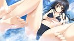  1girl bare_shoulders barefoot bikini black_eyes black_hair blush breast_hold breasts cameltoe feet game_cg highres hitsuji_takako kissart large_breasts legs long_hair looking_down lying mikoto_akemi natsume_azusa navel smile soles spread_legs swimsuit thighs toes water waterslide wet 