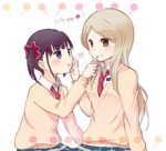  :t black_hair blonde_hair brown_eyes candy english feeding food hair_ornament hair_scrunchie heart lollipop long_hair minami_shizuku multiple_girls necktie noda_kotone purple_eyes sakura_trick school_uniform scrunchie short_twintails sweater tarabagani twintails yuri 