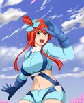  bad_id bad_pixiv_id blue_eyes breasts fuuro_(pokemon) gloves highres large_breasts maki_ikazuya midriff navel open_mouth pokemon red_hair smile solo 