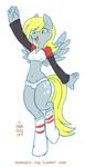  anthro anthrofied blonde_hair clothing cutie_mark derpy_hooves_(mlp) equine female friendship_is_magic fur grey_fur hair happy horse mammal my_little_pony onnanoko open_mouth pegasus plain_background pony socks solo white_background wings yellow_eyes 
