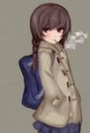  bag braid breath brown_hair coat expressionless food hands_in_pockets kumauwo long_hair looking_at_viewer madotsuki mouth_hold pocky red_eyes school_bag skirt solo twin_braids winter_clothes yume_nikki 