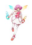  asymmetrical_wings dagger dress dual_wielding flipped_hair full_body holding holding_dagger holding_weapon juliet_sleeves lilith_(toushinden) long_sleeves official_art pink_hair puffy_sleeves red_eyes reverse_grip shoes short_hair solo thighhighs toushinden toushinden_war_budokai weapon white_background white_dress white_legwear wings yoshizumi_kazuyuki 