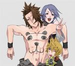  2boys :d ;d aqua_(kingdom_hearts) armor blonde_hair blue_eyes blue_hair body_writing brown_hair commentary_request detached_sleeves forehead furrowed_eyebrows half-closed_eyes head_tilt index_finger_raised kingdom_hearts kingdom_hearts_birth_by_sleep looking_at_viewer multiple_boys ohji130 one_eye_closed open_mouth parted_lips shirtless short_hair smile spiked_hair tears terra_(kingdom_hearts) v ventus wristband 