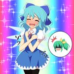  blue_hair blush bow cato_(monocatienus) cirno commentary_request daiyousei full-face_blush green_hair hair_bow hair_ribbon heaven_condition ice ice_wings multiple_girls pantyhose ribbon shaded_face short_hair side_ponytail sparkle surprised touhou trembling wings 