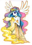  anthro anthrofied breasts cleavage clothed clothing crown dress equine female friendship_is_magic glowing gold hair horn horse imanika magic mammal multi-colored_hair my_little_pony necklace paper pony princess_ceestia_(mlp) princess_celestia_(mlp) purple_eyes sparkles winged_unicorn wings 