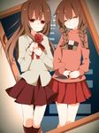  bow braid brown_eyes brown_hair closed_eyes closed_mouth flower happy ib ib_(ib) kneehighs knife komadori_ui long_hair madotsuki multiple_girls open_mouth painting_(object) pink_shirt pullover red_flower red_rose rose shirt skirt smile stairs twin_braids yume_nikki 