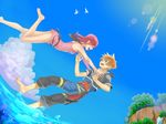  1girl 3939mix bad_id bad_pixiv_id barefoot bird blue_eyes brown_hair closed_eyes cloud day gloves gloves_removed jumping kairi_(kingdom_hearts) kingdom_hearts red_hair sora_(kingdom_hearts) water waterfall 