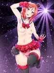  adapted_costume armpits blush bokura_wa_ima_no_naka_de boots bow breasts checkered choker collarbone dancing detached_collar fingerless_gloves frills garters gloves hat idol lace lace-trimmed_thighhighs looking_at_viewer love_live! love_live!_school_idol_project medium_breasts mini_hat navel nipples nishikino_maki no_panties open_mouth purple_eyes pussy red_hair shikuta_maru smile solo thighhighs topless uncensored 