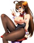  black_legwear blue_eyes breasts brown_hair bunnysuit chair detached_collar double_bun fishnet_pantyhose fishnets hairband headgear high_heels highres huge_breasts kantai_collection knee_up kongou_(kantai_collection) leotard long_hair looking_at_viewer nipples nontraditional_miko open_mouth pantyhose sitting smile solo umakatsuhai v wrist_cuffs 