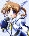  absurdres bad_id bad_pixiv_id blue_eyes bow brown_hair checkered checkered_background fingerless_gloves gloves hair_bow highres jewelry long_hair lyrical_nanoha magical_girl mahou_shoujo_lyrical_nanoha mahou_shoujo_lyrical_nanoha_a's open_mouth pi-bow puffy_sleeves raising_heart solo takamachi_nanoha twintails upper_body 