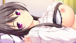  black_hair blush bra bra_lift breasts curtains game_cg ichijou_aoi large_breasts long_hair looking_at_viewer lying melty_moment nipples on_back pillow purple_eyes shirt_lift sleeves_past_wrists smile solo sweater takayaki underwear white_bra 