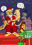  anthrofied breasts brown_eyes cheetah christmas costume digitigrade disney feline female green_eyes hat holidays lion male mammal meerkat nala red_eyes rindimo santa_claus santa_hat simba sitting sitting_on_lap sweat the_lion_king timon 