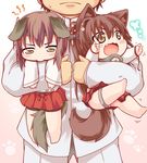  2girls admiral_(kantai_collection) animal_ears antennae barefoot brown_eyes brown_hair bug butterfly carrying dog_ears dog_tail fang flower hair_flower hair_ornament insect kantai_collection kemonomimi_mode kuroneko_liger long_sleeves military military_uniform multiple_girls open_mouth panties pants paw_print pout shirt skirt taihou_(kantai_collection) tail underwear uniform yamato_(kantai_collection) younger 