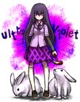  black_hair blood bunny copyright_name full_body hammer kumauwo left-handed long_hair long_sleeves looking_at_viewer neck_ribbon purple_eyes ribbon shirt shoes skirt smile sometsuki standing traditional_media ultraviolet very_long_hair white_legwear 