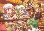  ? animal_ears apron arm_warmers bakery basket black_hair blonde_hair blush bow braid bucket cake calendar_(object) cat_ears cream_puff dutch_angle eyeball fang food fruit gift green_eyes green_hair hair_bobbles hair_bow hair_ornament halo head_scarf horn hoshiguma_yuugi in_bucket in_container kaenbyou_rin kisume komeiji_koishi komeiji_satori kurodani_yamame kurotama_(avino) long_hair mizuhashi_parsee multiple_girls open_mouth pastry pink_eyes pink_hair pointy_ears ponytail red_eyes red_hair reiuji_utsuho shop short_hair slice_of_cake smile strawberry strawberry_shortcake strawberry_swiss_roll subterranean_animism swiss_roll third_eye touhou twin_braids twintails zombie_fairy 