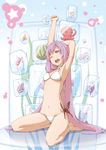  anklet arm_up armlet armpits arms_behind_head barefoot bikini conch cube food fruit full_body highres jellyfish jewelry long_hair navel noraico octopus one_eye_closed open_mouth original purple_hair red_eyes seiza sitting solo spread_legs starfish stretch swimsuit very_long_hair watermelon white_bikini 