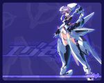  armor black_border blue_eyes border exelica full_body machinery mecha_musume mechanical_wings purple_background school_swimsuit simple_background solo standing swimsuit swimsuit_costume trigger_heart_exelica white_school_swimsuit white_swimsuit wings 