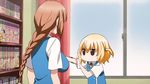  2girls animated animated_gif blonde_hair bounce bouncing_breasts braid breast_poke breasts brown_hair d-frag! long_hair lowres multiple_girls pigtail poke poking shibasaki_roka short_hair single_braid takao_(d-frag!) twintails 