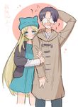  1girl ? animal_hat arm_grab black_hair blonde_hair blue_eyes blush cat_hat coat couple dress fang genshiken glasses hat long_hair madarame_harunobu miyako_(xxxbibit) sketch susanna_hopkins sweat 