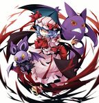  ascot bat bat_wings blue_hair bow brooch crobat crossover dress gen_2_pokemon gen_6_pokemon grin hacko hat hat_bow hat_ribbon jewelry looking_at_viewer mob_cap noibat outstretched_arms pink_dress pokemon pokemon_(creature) puffy_sleeves red_eyes remilia_scarlet ribbon shaded_face short_sleeves smile touhou wings 