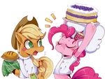  applejack_(mlp) blonde_hair cake chef_hat clothing cowboy_hat cutie_mark duo equine eyes_closed female food freckles friendship_is_magic green_eyes hair hat horse hua113 mammal my_little_pony pie pink_hair pinkie_pie_(mlp) plain_background pony shirt tower white_background 