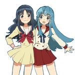  &gt;:) blue_eyes blue_hair hand_on_another's_hip happinesscharge_precure! heartcatch_precure! highres kurumi_erika long_hair multiple_girls myoudou_gakuen_middle_school_uniform pikarigaoka_middle_school_uniform precure red_sailor_collar sailor_collar sakuragi_mochi school_uniform shirayuki_hime simple_background smile v-shaped_eyebrows wavy_hair white_background 