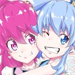  aino_megumi bad_id bad_pixiv_id blue_eyes blue_hair cheek-to-cheek crown cure_lovely cure_princess earrings grin happinesscharge_precure! jewelry magical_girl multiple_girls one_eye_closed pink_eyes pink_hair portrait precure shirayuki_hime smile takesyun 