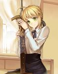  ahoge artoria_pendragon_(all) blonde_hair breasts caliburn casual fate/stay_night fate_(series) green_eyes hair_ribbon long_sleeves medium_breasts pantyhose ribbon saber seiza sheath sheathed sitting skirt smile solo sword vmax-ver weapon 