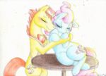  blush chubby couple cuddling cutie_mark equine female friendship_is_magic hair horse hug husband_and_wife love male mammal mr_cake_(mlp) mrs_cake_(mlp) my_little_pony orange_hair pink_hair plain_background pony prettypinkp0ny romantic table traditional_media white_background wide_hips yellow_body 