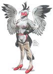  anthro avian bird breasts female high_heels legwear non-mammal_breasts plain_background pussy ratcandy secretary secretary_bird solo stockings white_background 