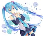  blue_eyes blue_hair detached_sleeves fei_miao hands_clasped hatsune_miku long_hair necktie own_hands_together skirt solo thighhighs twintails very_long_hair vocaloid 