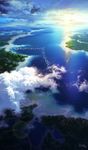  beach bird bridge cloud forest highres mocha_(cotton) nature no_humans ocean scenery v_formation 