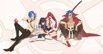  2girls apple barefoot bikini_top blue_hair boots cape creator_connection crossover food fruit highres kamina kamina_shades kill_la_kill maneku matoi_ryuuko mikisugi_aikurou multiple_boys multiple_girls navel necktie pasties red_hair scarf senketsu shirtless shoes skirt sneakers squatting sword tengen_toppa_gurren_lagann thighhighs undressing weapon yoko_littner 