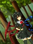  ahoge arm_behind_back asymmetrical_wings black_dress black_hair black_legwear bow ddt_(darktrident) dress dutch_angle forest hand_on_hip houjuu_nue looking_at_viewer nature polearm puffy_short_sleeves puffy_sleeves red_eyes short_hair short_sleeves smile solo thighhighs touhou weapon wings wrist_cuffs zettai_ryouiki 