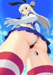  1girl admiral_(kantai_collection) ass black_panties blue_eyes cloud crop_top crop_top_overhang day elbow_gloves from_below giantess gloves kantai_collection long_hair looking_back midriff panties panty_lift red_legwear shimakaze_(kantai_collection) sky smile striped striped_legwear teston thighhighs underwear 