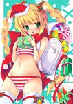  backpack bag blonde_hair blush bow_legwear braid candy candy_cane christmas food gift hat holding long_hair looking_at_viewer mayuzaki_yuu midriff open_mouth original panties randoseru red_panties santa_hat scarf solo standing striped striped_panties tank_top thighhighs twin_braids underwear underwear_only white_legwear 