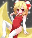  blonde_hair blush breasts bridal_gauntlets china_dress chinese_clothes covered_nipples crescent_moon double_bun dress fang hair_ribbon highres moon oden_(th-inaba) open_mouth red_eyes ribbon rumia short_hair small_breasts smile solo thighhighs touhou white_legwear 