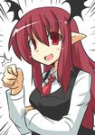  1girl :d bat_wings blush_stickers breasts commentary_request dress_shirt fig_sign gesture goma_(gomasamune) head_wings koakuma long_hair long_sleeves looking_at_viewer medium_breasts necktie open_mouth pointy_ears red_eyes red_hair red_neckwear shirt simple_background smile solo touhou v-shaped_eyebrows vest white_background wings 