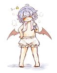  barefoot bat_wings bloomers blue_hair bottle closed_eyes full_body maru_usagi milk_bottle pointy_ears remilia_scarlet simple_background solo topless touhou towel towel_around_neck translated underwear underwear_only uu~ wet white_background white_bloomers wings younger 