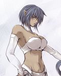  alternate_hairstyle arshes_nei ayase_(hyoukyou) bastard!! blue_hair bra breasts dark_skin detached_collar detached_sleeves large_breasts lowres midriff navel pointy_ears solo strapless strapless_bra underwear 